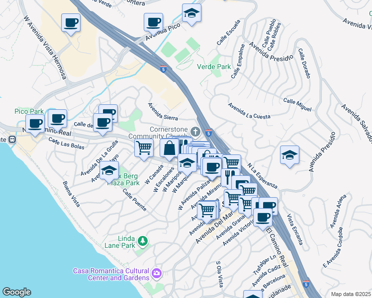 map of restaurants, bars, coffee shops, grocery stores, and more near 118 East Escalones in San Clemente