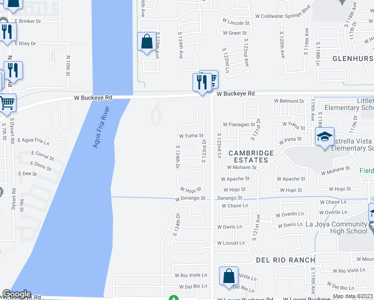 map of restaurants, bars, coffee shops, grocery stores, and more near 12417 West Pima Street in Avondale