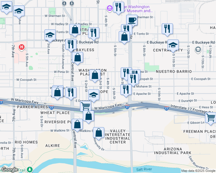 map of restaurants, bars, coffee shops, grocery stores, and more near 1701 South 4th Street in Phoenix