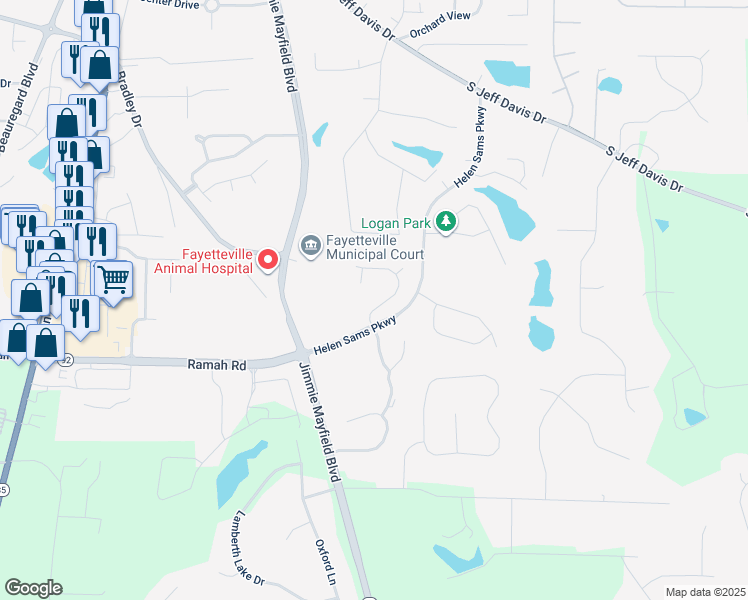map of restaurants, bars, coffee shops, grocery stores, and more near 130 Susan Lane in Fayetteville