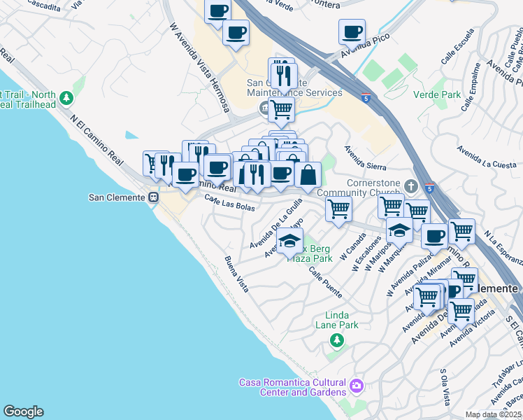 map of restaurants, bars, coffee shops, grocery stores, and more near 127 Avenida Florencia in San Clemente