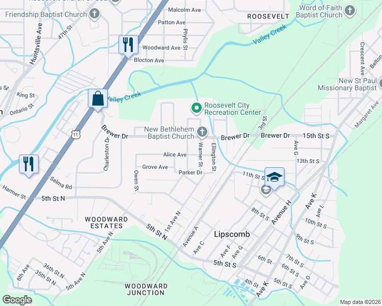 map of restaurants, bars, coffee shops, grocery stores, and more near 6020 Warner Street in Birmingham
