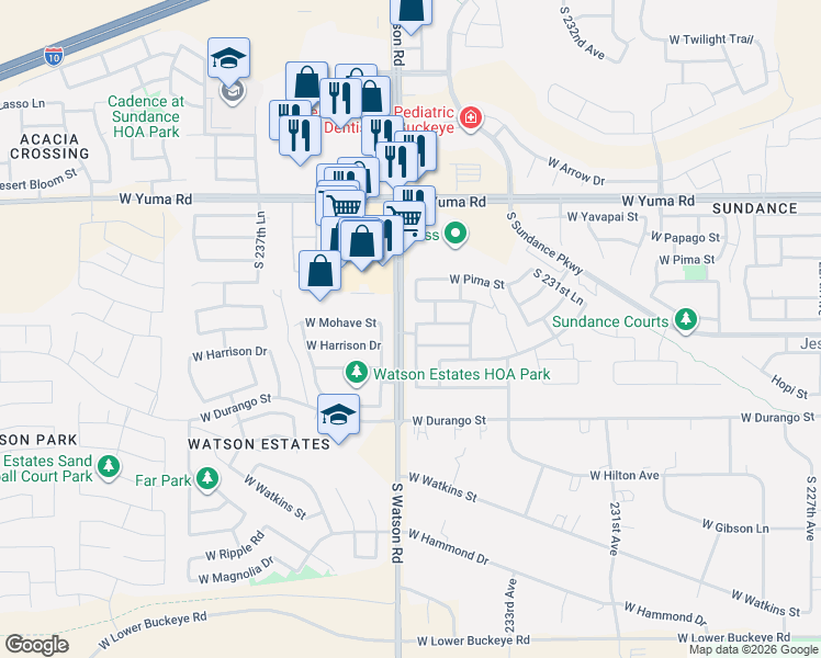 map of restaurants, bars, coffee shops, grocery stores, and more near 23457 West Cocopah Street in Buckeye