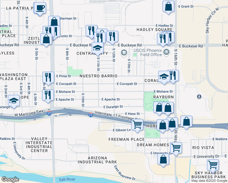 map of restaurants, bars, coffee shops, grocery stores, and more near South 12th Street & East Mohave Street in Phoenix