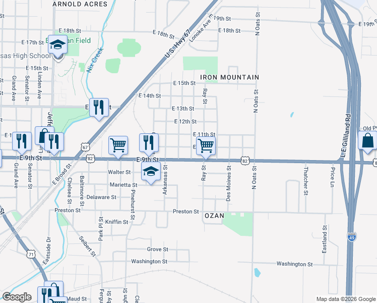 map of restaurants, bars, coffee shops, grocery stores, and more near 2307 East 10th Street in Texarkana