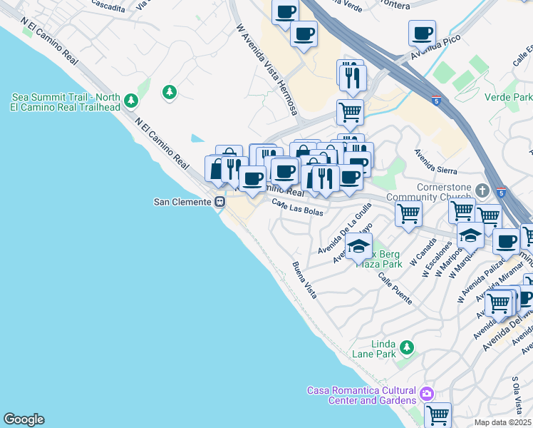 map of restaurants, bars, coffee shops, grocery stores, and more near 1637 Calle Las Bolas in San Clemente