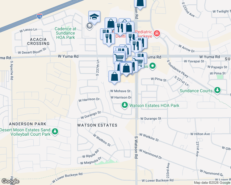 map of restaurants, bars, coffee shops, grocery stores, and more near 23602 West Mohave Street in Buckeye
