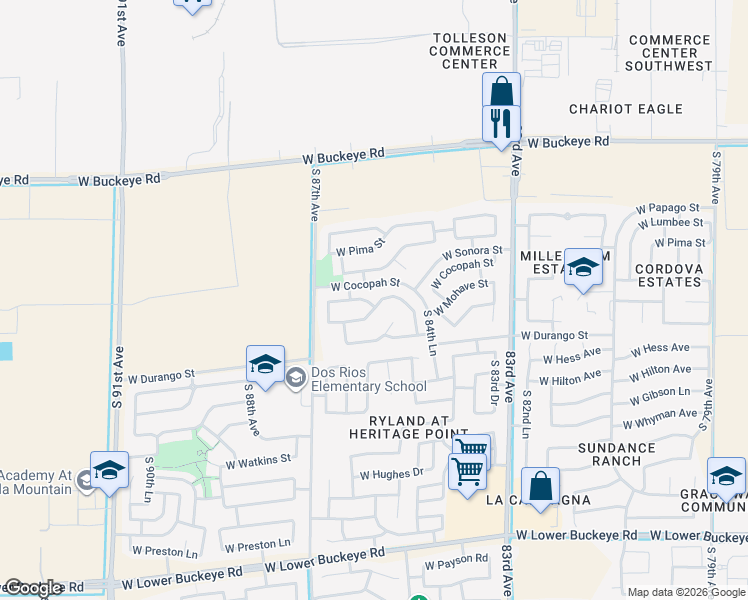 map of restaurants, bars, coffee shops, grocery stores, and more near 8605 West Sonora Street in Tolleson