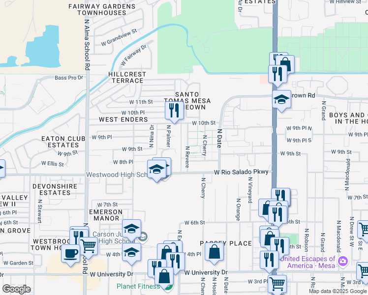 map of restaurants, bars, coffee shops, grocery stores, and more near 919 North Revere in Mesa