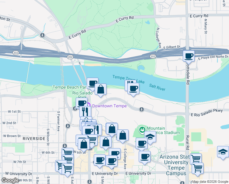 map of restaurants, bars, coffee shops, grocery stores, and more near 260 East Rio Salado Parkway in Tempe