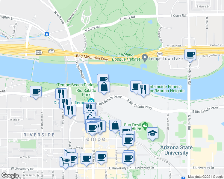 map of restaurants, bars, coffee shops, grocery stores, and more near 80 East Rio Salado Parkway in Tempe