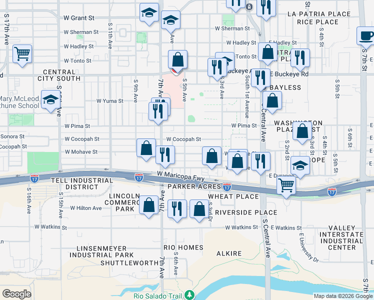map of restaurants, bars, coffee shops, grocery stores, and more near 383 West Cocopah Street in Phoenix