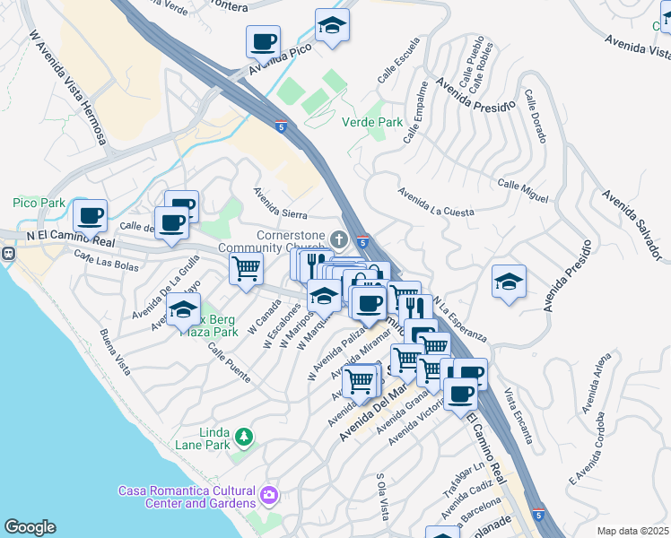 map of restaurants, bars, coffee shops, grocery stores, and more near 525 Avenida Los Flores in San Clemente