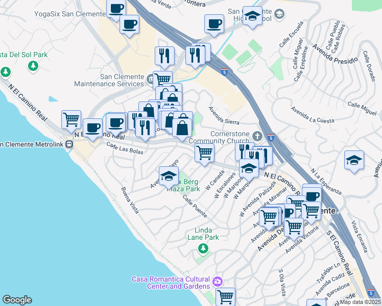 map of restaurants, bars, coffee shops, grocery stores, and more near in San Clemente
