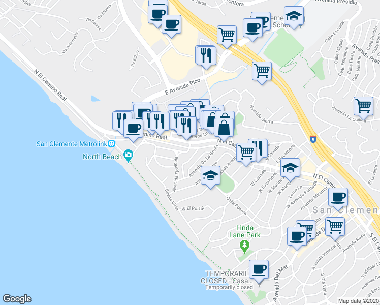 map of restaurants, bars, coffee shops, grocery stores, and more near 1448 Calle Mirador in San Clemente
