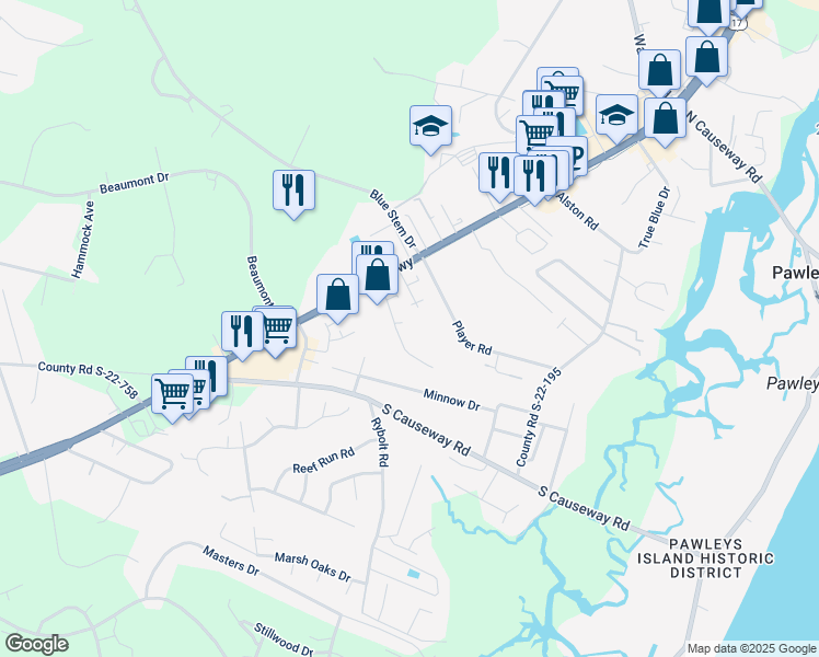 map of restaurants, bars, coffee shops, grocery stores, and more near 53 Egret Run Lane in Pawleys Island