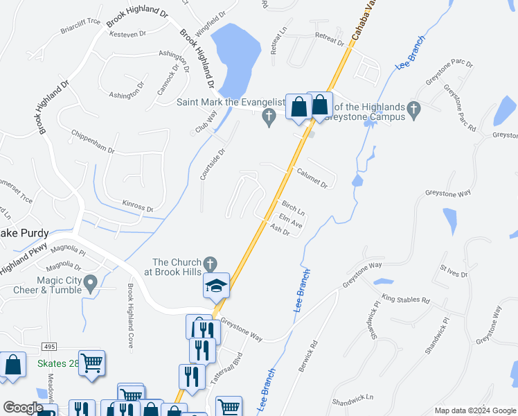 map of restaurants, bars, coffee shops, grocery stores, and more near 7278 Highway 119 in Birmingham