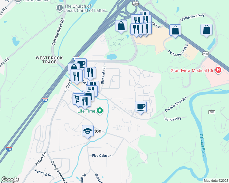 map of restaurants, bars, coffee shops, grocery stores, and more near 3106 Pine Tree Drive in Birmingham