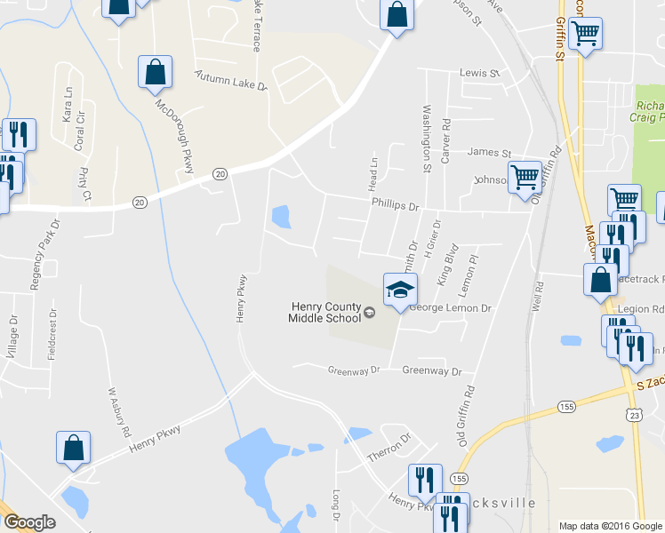 map of restaurants, bars, coffee shops, grocery stores, and more near 166 Hollysmith Rd in McDonough