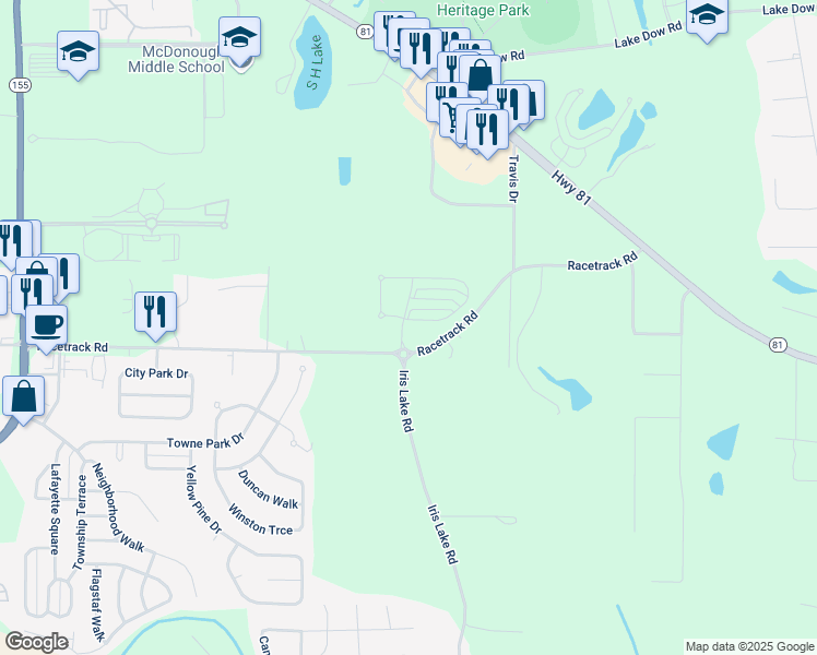 map of restaurants, bars, coffee shops, grocery stores, and more near 100 Daisy Circle in McDonough