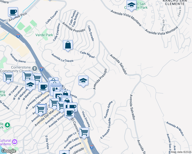 map of restaurants, bars, coffee shops, grocery stores, and more near 205 Calle De Anza in San Clemente