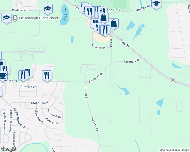 map of restaurants, bars, coffee shops, grocery stores, and more near 132 Daisy Circle in McDonough
