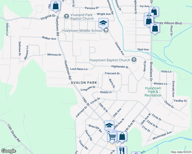 map of restaurants, bars, coffee shops, grocery stores, and more near 3417 Avalon Court in Hueytown