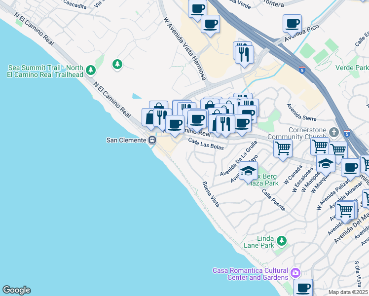 map of restaurants, bars, coffee shops, grocery stores, and more near 1539 Buena Vista in San Clemente