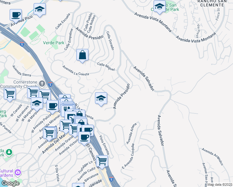 map of restaurants, bars, coffee shops, grocery stores, and more near 205 Calle De Anza in San Clemente