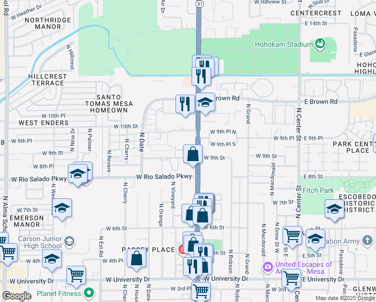 map of restaurants, bars, coffee shops, grocery stores, and more near 900 North Country Club Drive in Mesa
