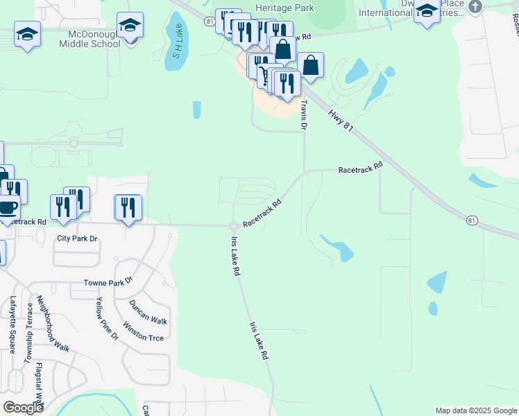 map of restaurants, bars, coffee shops, grocery stores, and more near 120 Daisy Circle in McDonough