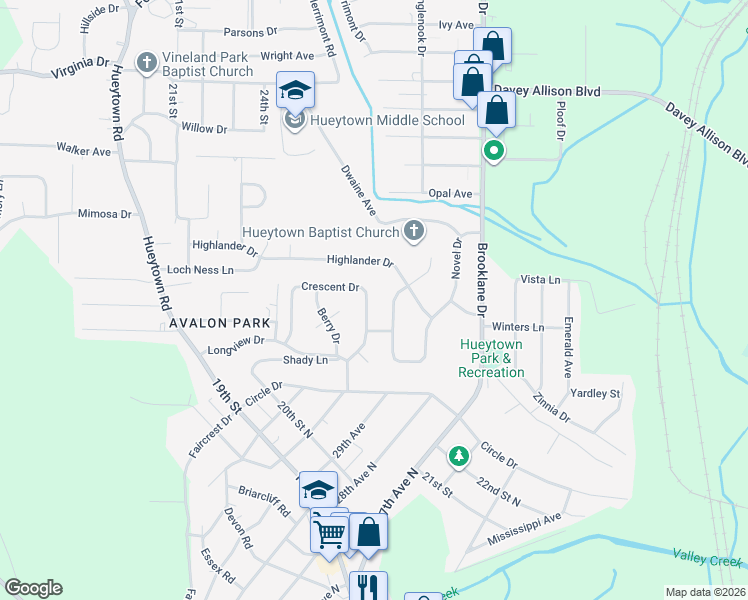 map of restaurants, bars, coffee shops, grocery stores, and more near 3345 Crescent Drive in Hueytown