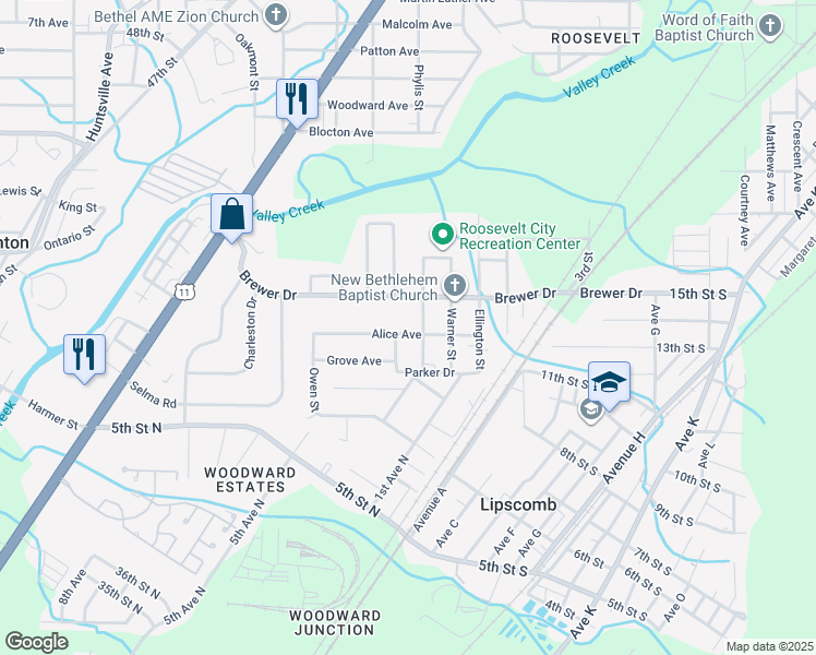 map of restaurants, bars, coffee shops, grocery stores, and more near 540 Taylor Street in Bessemer