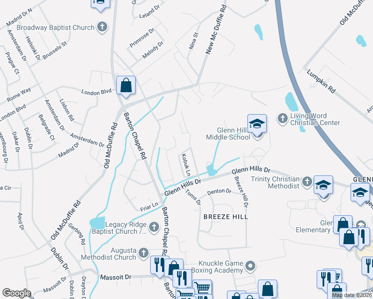 map of restaurants, bars, coffee shops, grocery stores, and more near 2538 Redoubt Circle in Augusta