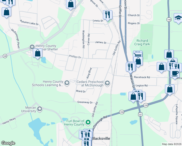 map of restaurants, bars, coffee shops, grocery stores, and more near 105 King Boulevard in McDonough