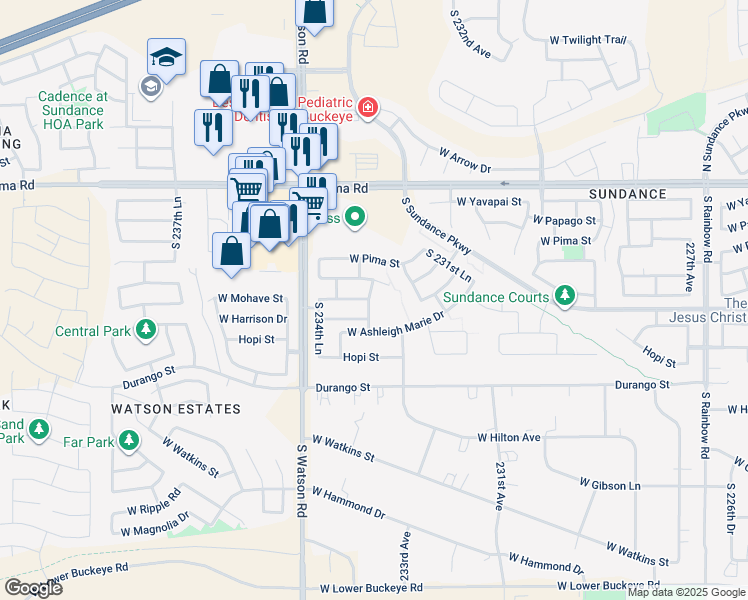 map of restaurants, bars, coffee shops, grocery stores, and more near 1655 South 233rd Lane in Buckeye