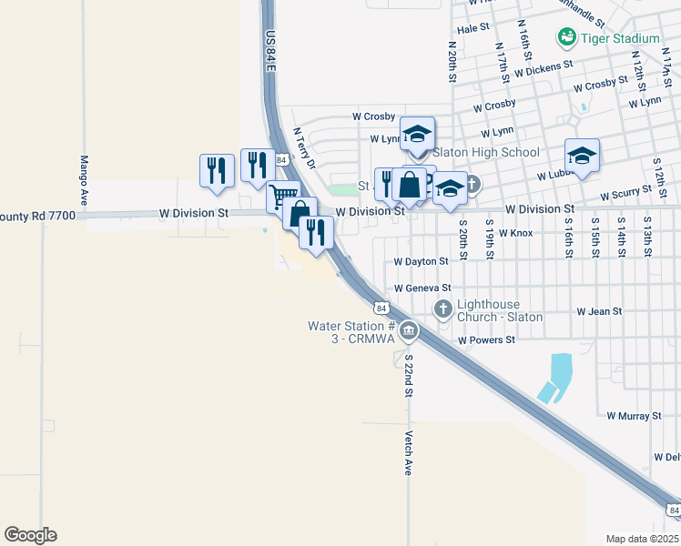 map of restaurants, bars, coffee shops, grocery stores, and more near Highway 84 in Slaton