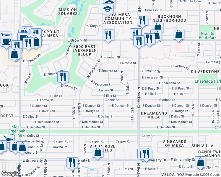 map of restaurants, bars, coffee shops, grocery stores, and more near 5756 East Evergreen Street in Mesa