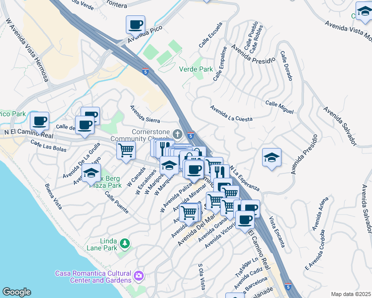 map of restaurants, bars, coffee shops, grocery stores, and more near 525 Avenida Los Flores in San Clemente