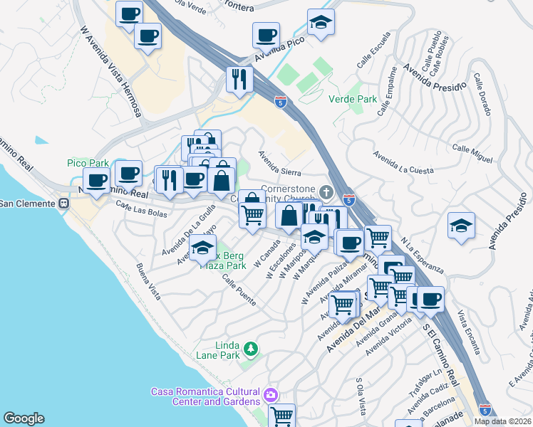 map of restaurants, bars, coffee shops, grocery stores, and more near 111 Chiquita in San Clemente