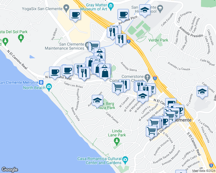 map of restaurants, bars, coffee shops, grocery stores, and more near in San Clemente