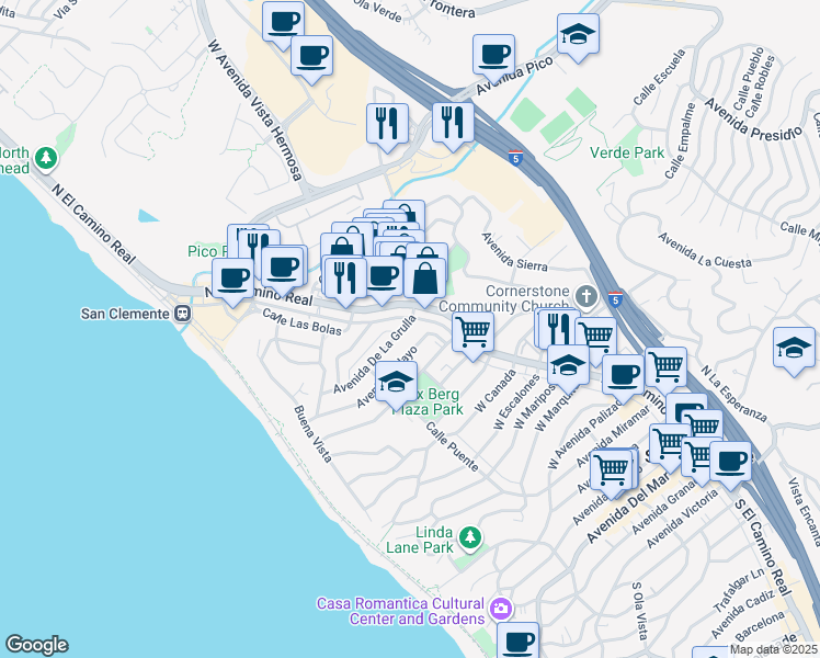 map of restaurants, bars, coffee shops, grocery stores, and more near 1402 North El Camino Real in San Clemente