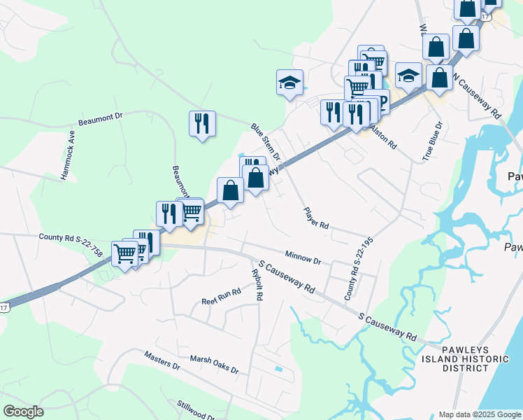 map of restaurants, bars, coffee shops, grocery stores, and more near 53 Egret Run Lane in Pawleys Island