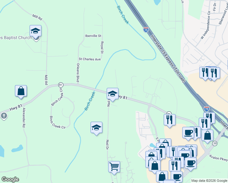 map of restaurants, bars, coffee shops, grocery stores, and more near 582 Highway 81 in McDonough