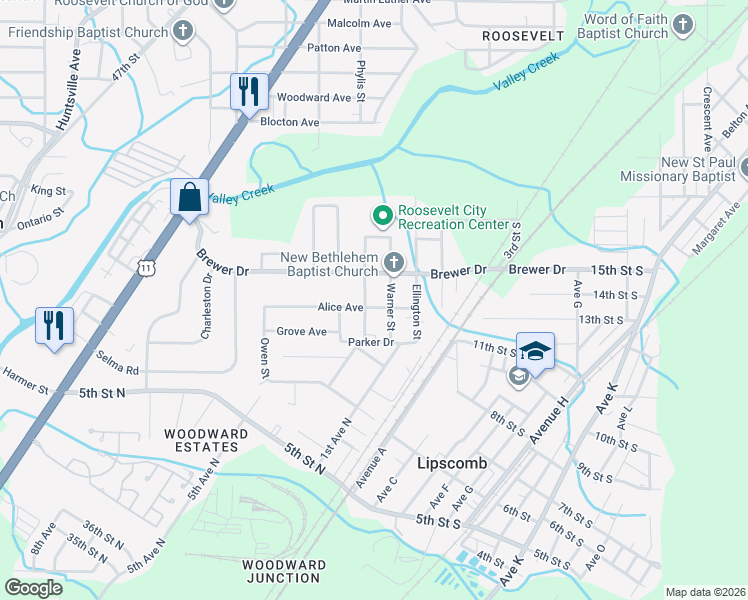 map of restaurants, bars, coffee shops, grocery stores, and more near 6020 Warner Street in Birmingham
