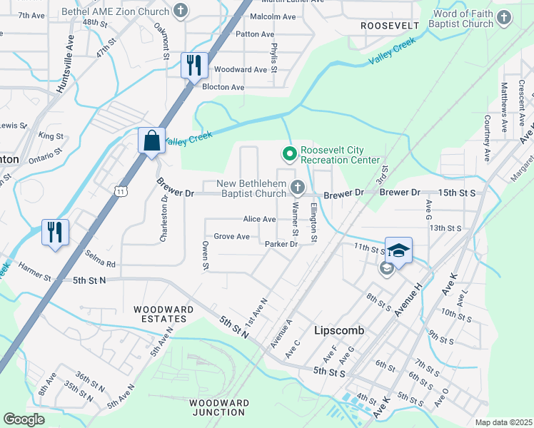 map of restaurants, bars, coffee shops, grocery stores, and more near 540 Taylor Street in Bessemer