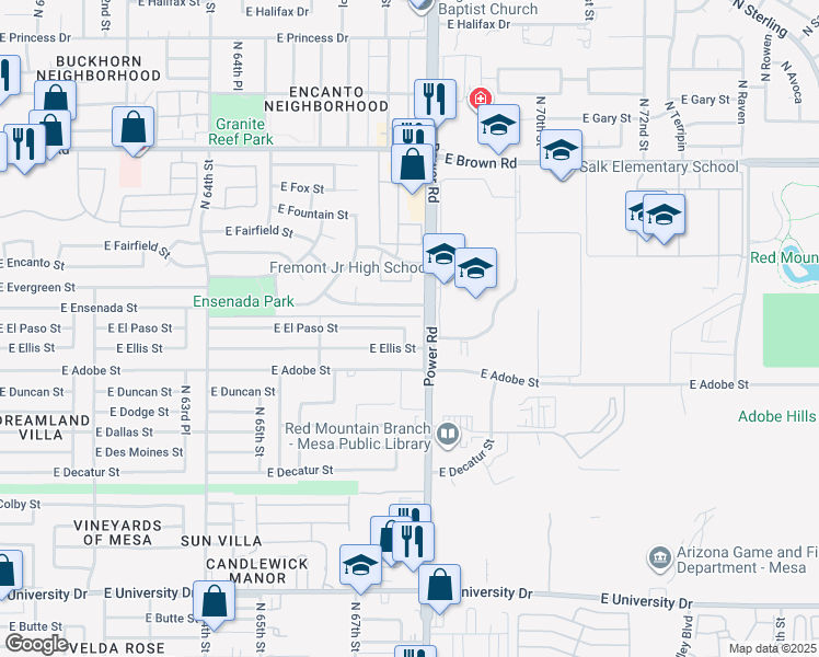 map of restaurants, bars, coffee shops, grocery stores, and more near 6735 East Ensenada Street in Mesa