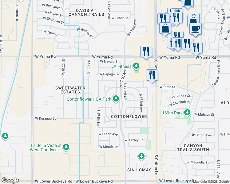 map of restaurants, bars, coffee shops, grocery stores, and more near 17341 West Pima Street in Goodyear