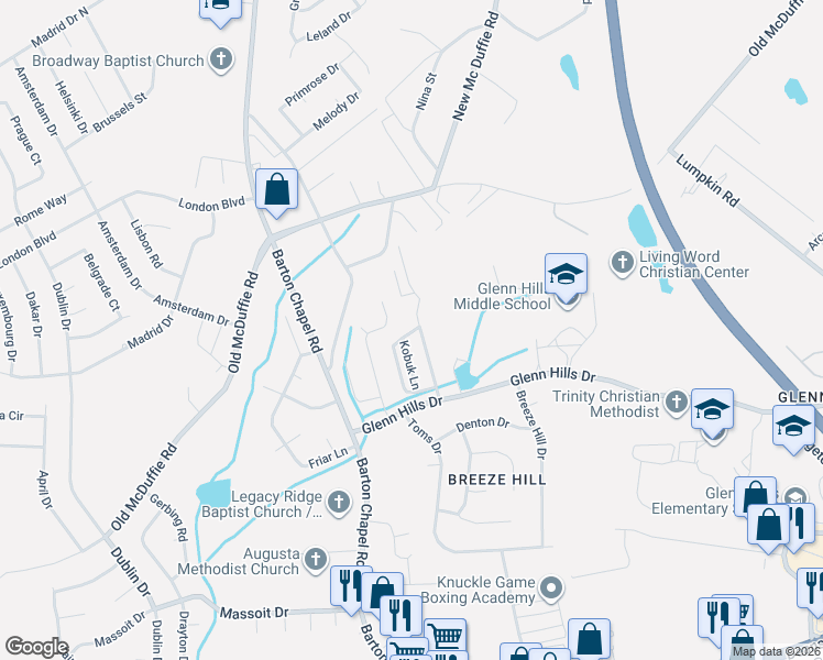 map of restaurants, bars, coffee shops, grocery stores, and more near 2538 Redoubt Circle in Augusta