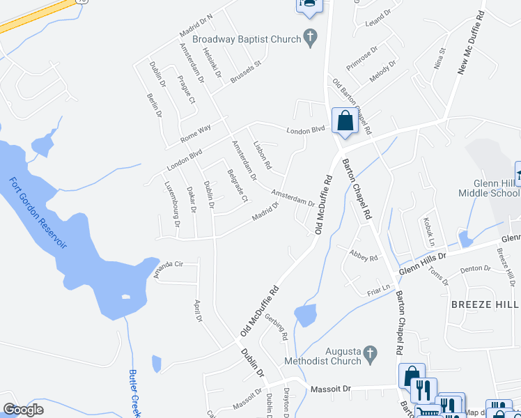 map of restaurants, bars, coffee shops, grocery stores, and more near 2435 Madrid Drive South in Augusta